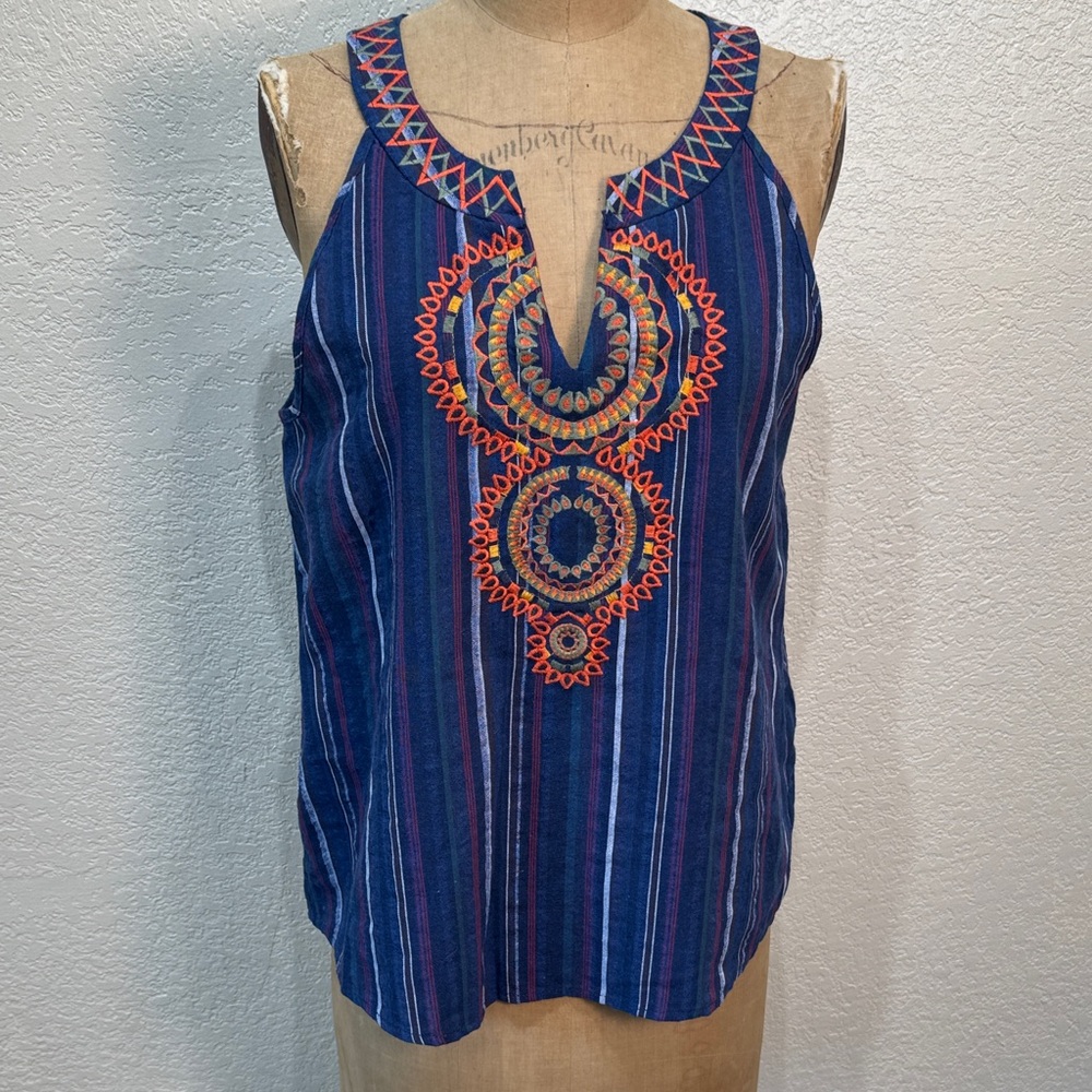 L‎ Love Women's Small Embroidered V-Neck Blue Striped Sleeveless Boho Tank Top